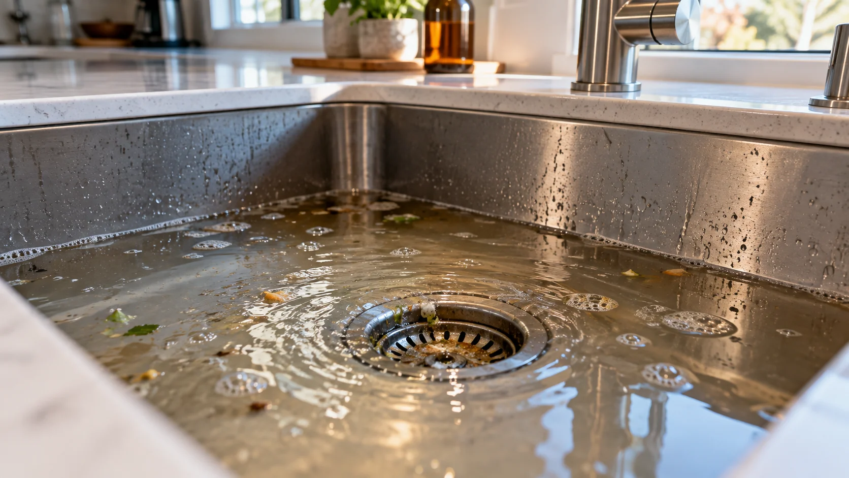 Standing water and debris around the drain of a slow-draining kitchen sink