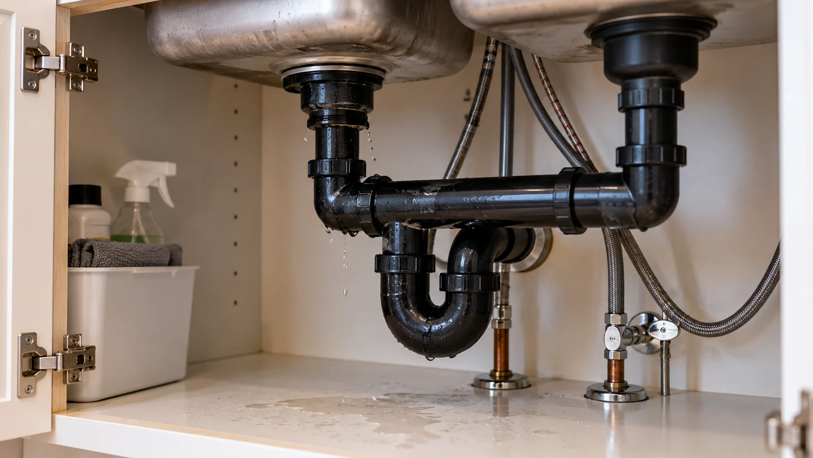 Plumbing pipes and water connections beneath a residential kitchen sink