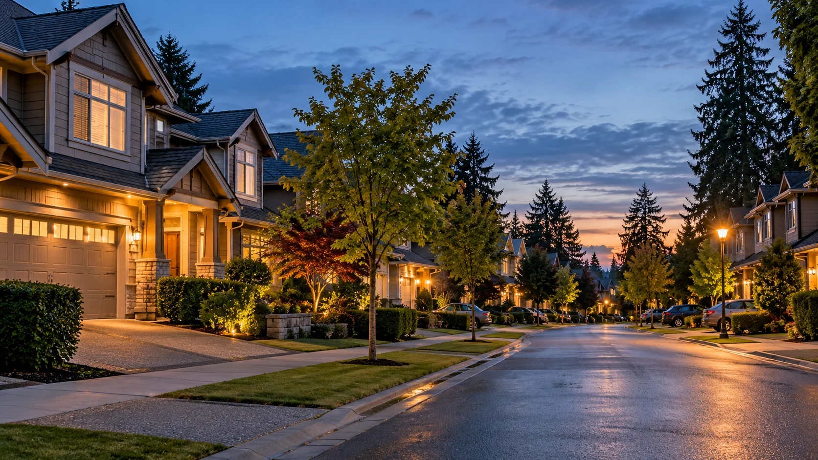 Residential neighbourhood with homes and townhouses in Surrey British Columbia