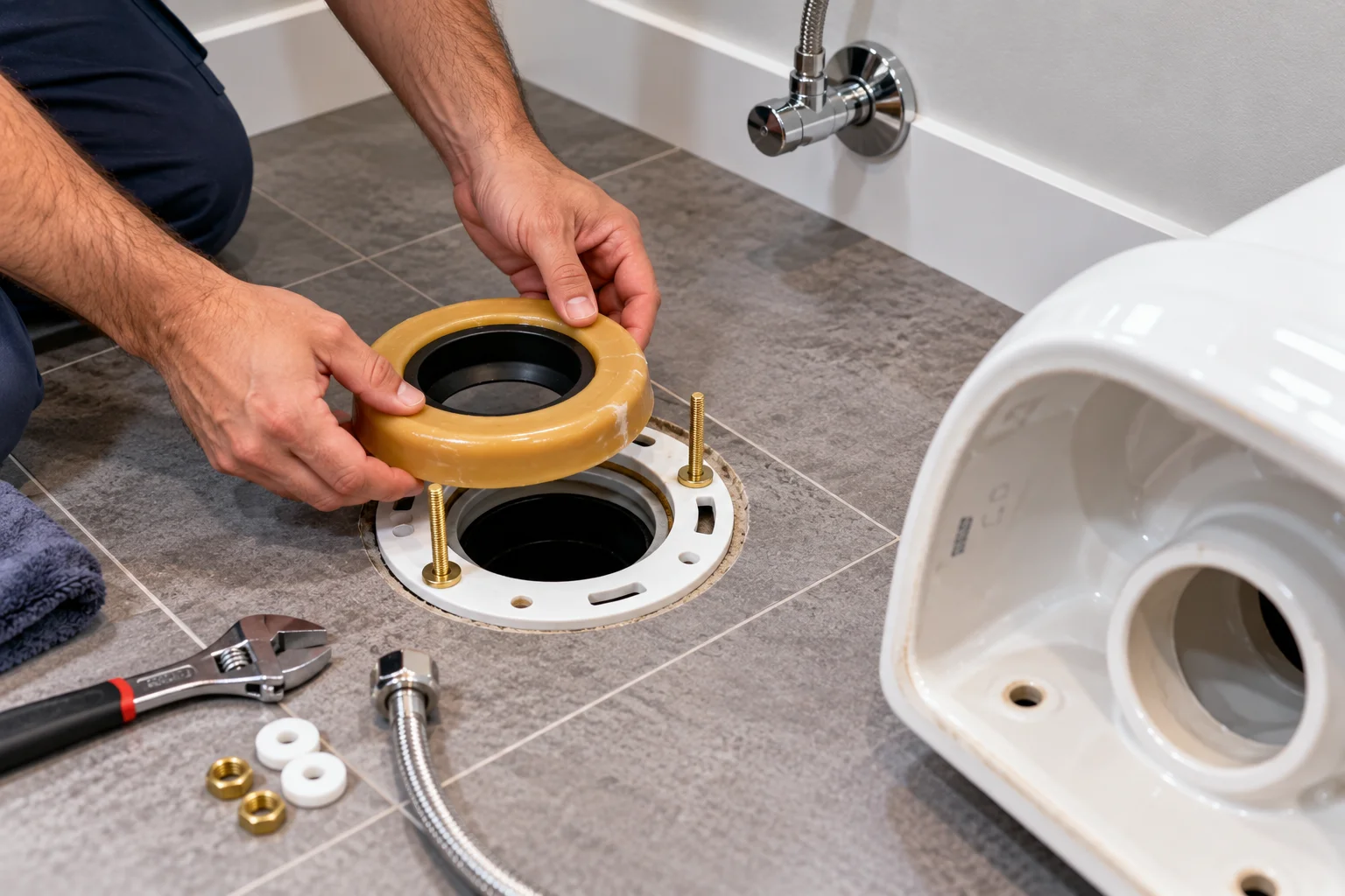 Plumber preparing toilet flange and seal for toilet installation