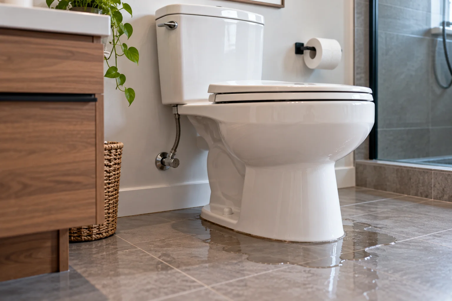 Water leaking around the base of a toilet