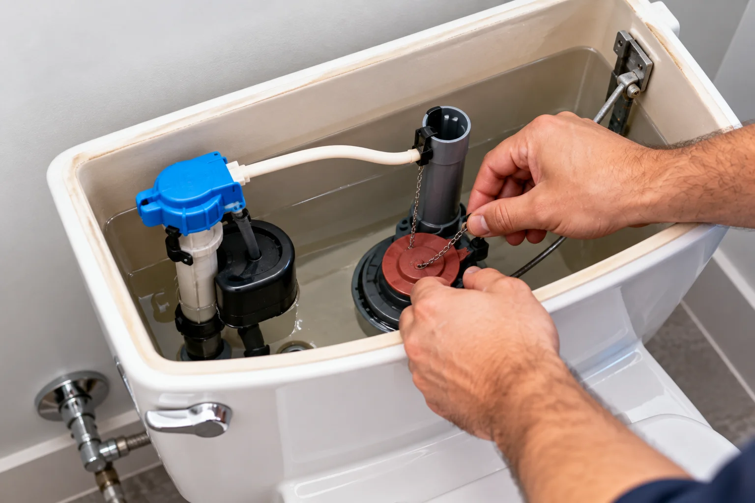 Plumber inspecting components inside a toilet tank