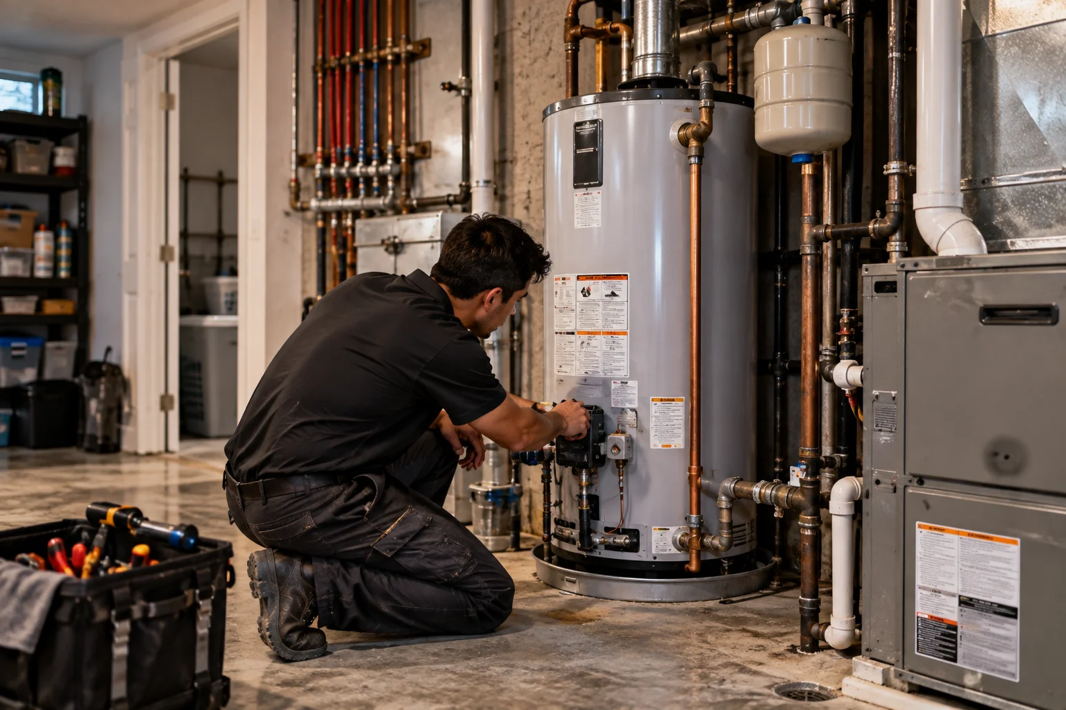 Technician diagnosing a residential water heater with no hot water