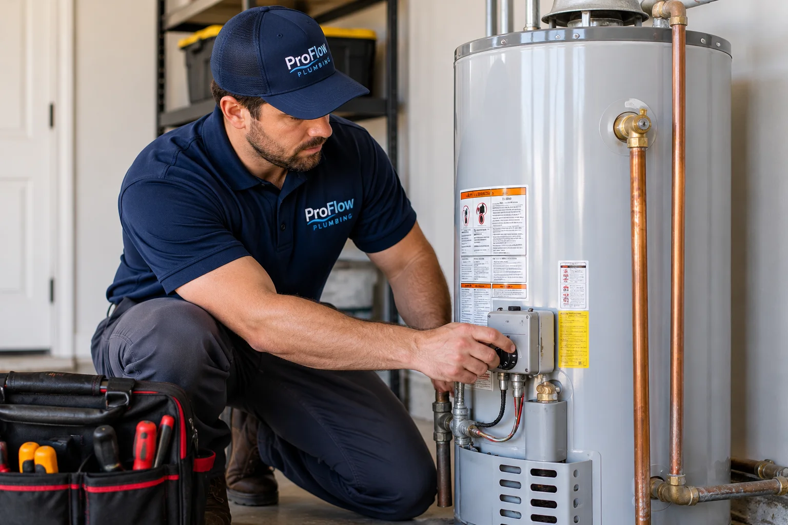 Technician inspecting a residential water heater in Vancouver