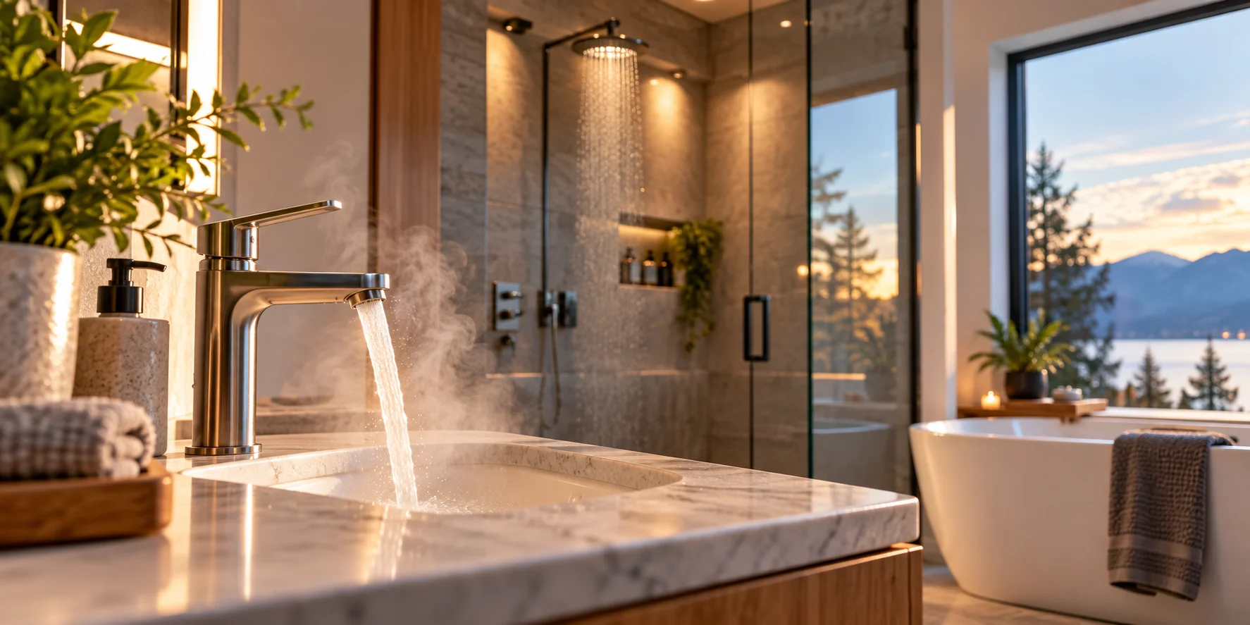 Modern home interior with hot water running from a faucet