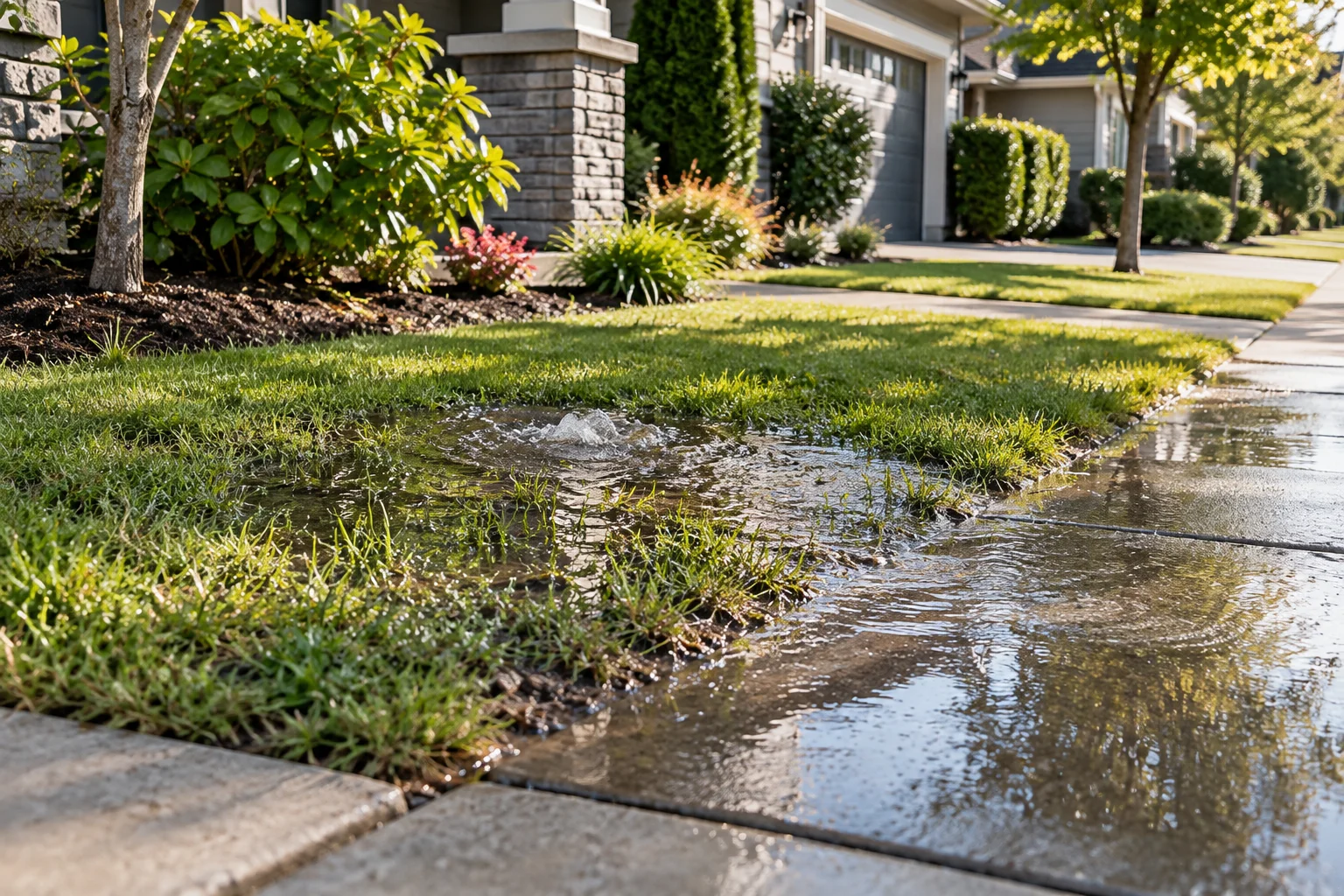 Water pooling in a residential yard from a possible underground leak