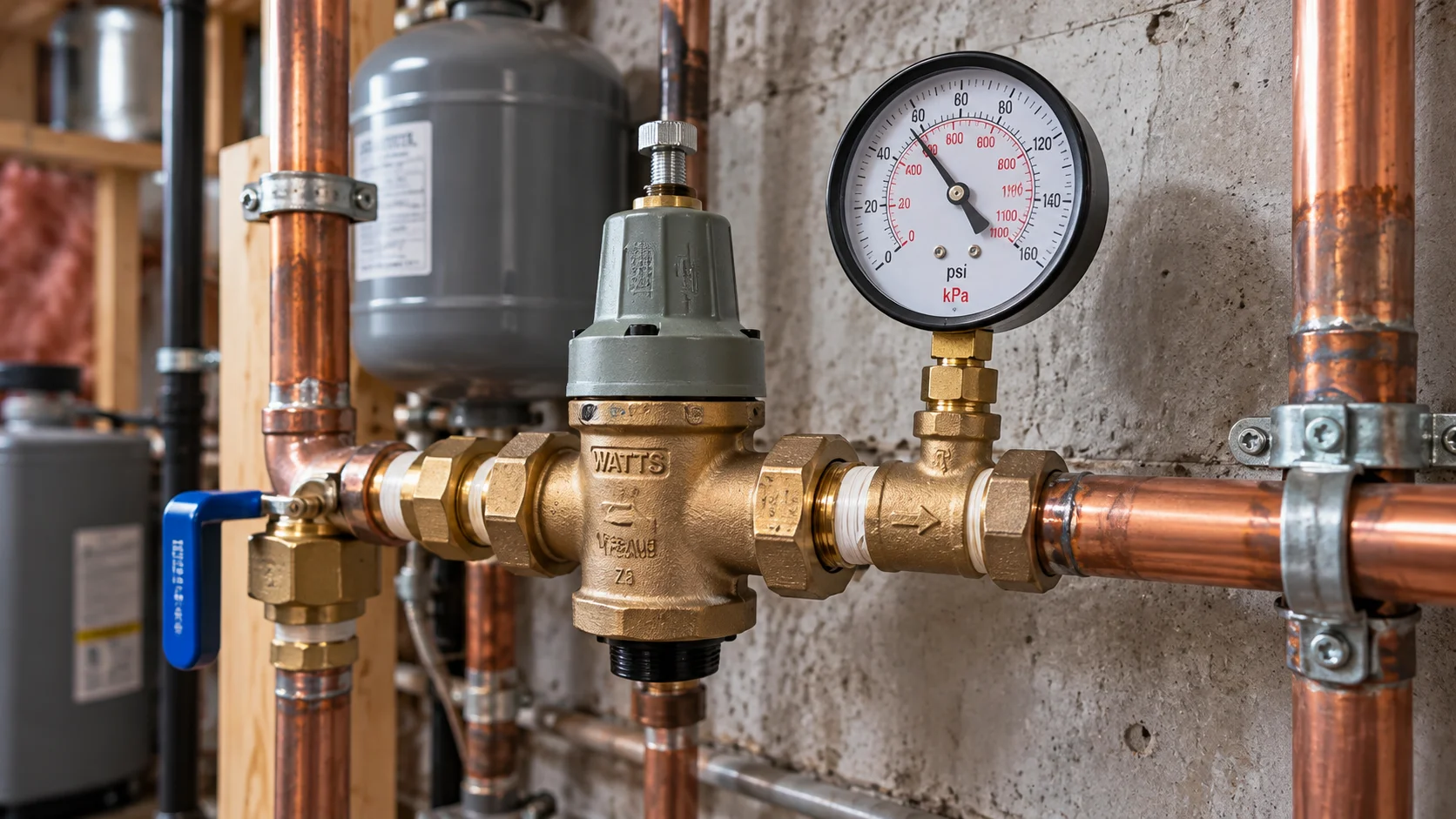 Residential water pressure regulator and pressure gauge on copper plumbing