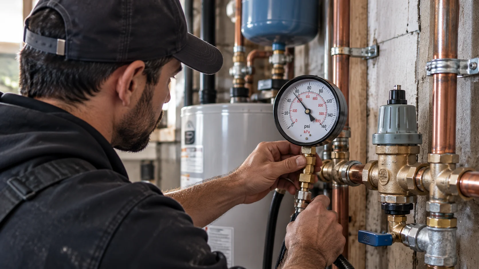 Plumber testing residential water pressure with a pressure gauge