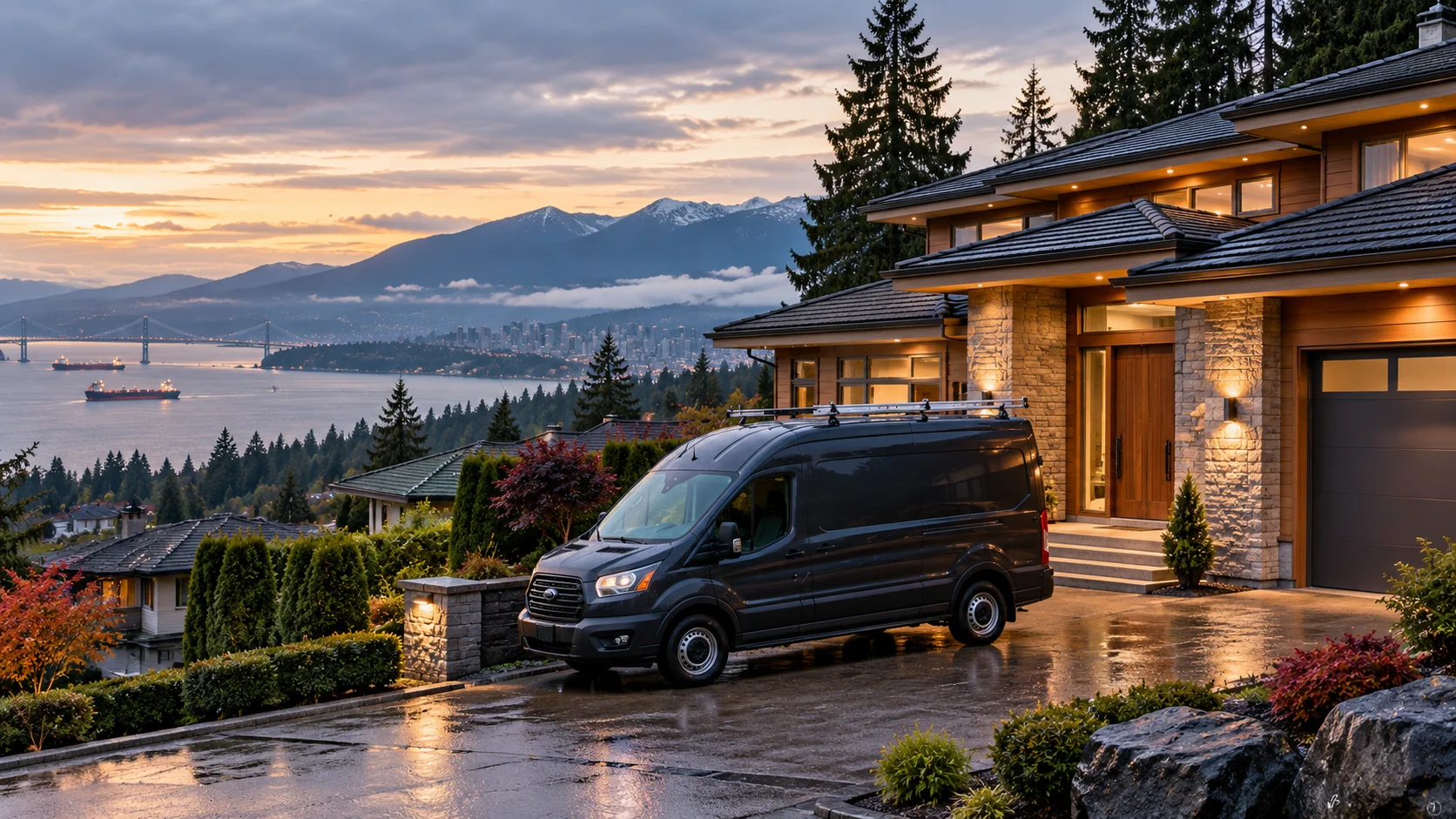 Residential home in West Vancouver with a plumbing and heating service van