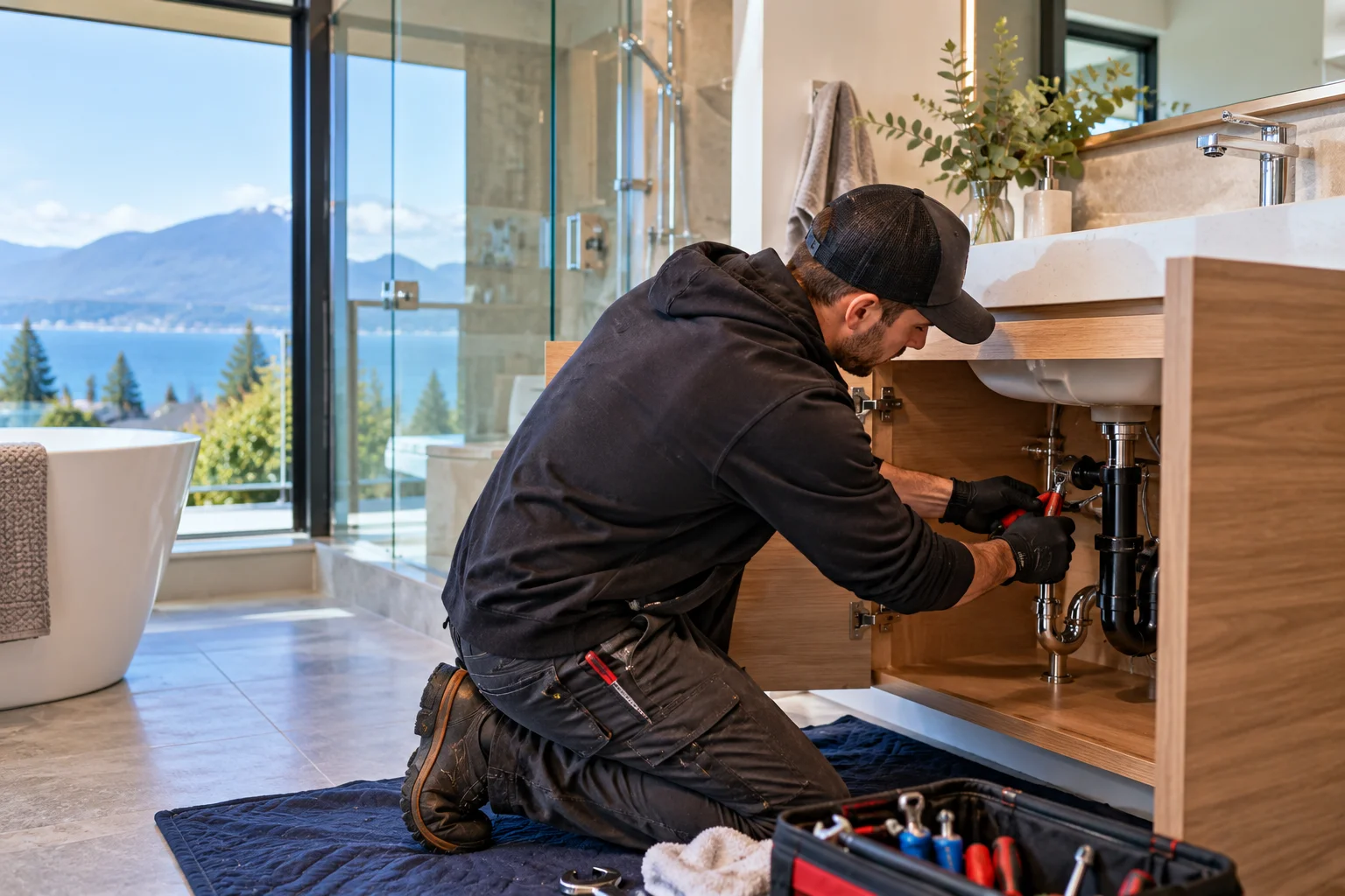 Plumber repairing sink plumbing in a West Vancouver home