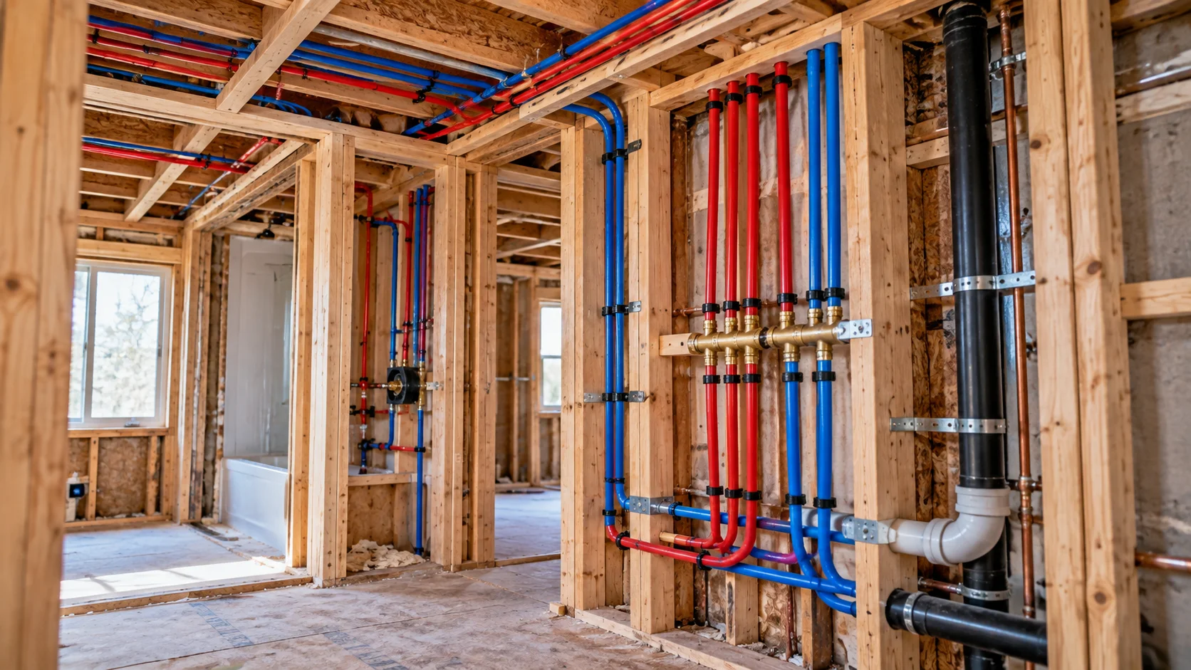 New red and blue PEX water lines installed through exposed residential wall framing