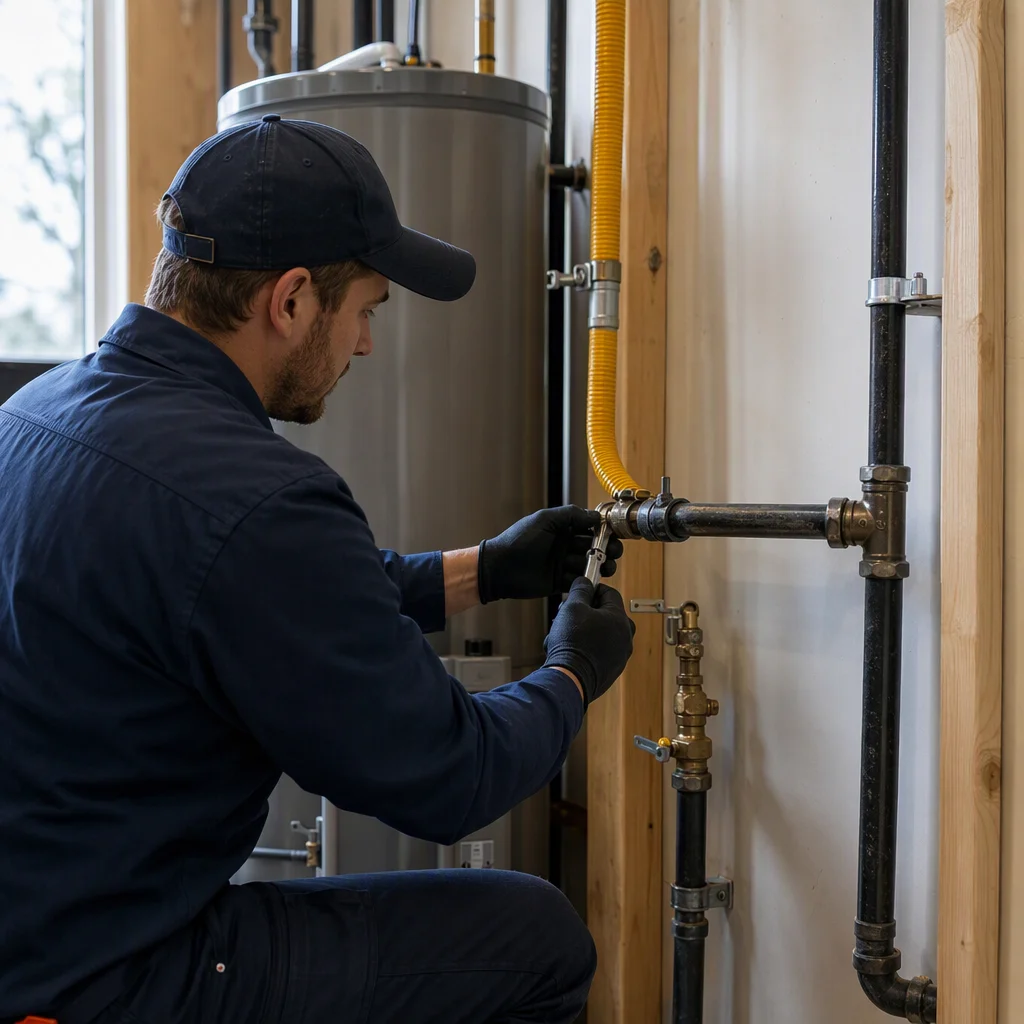 Gas fitter installing a residential gas line with professional tools