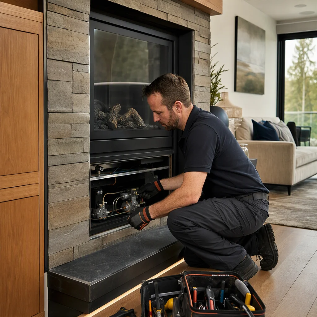 Technician inspecting a gas fireplace during a residential service visit